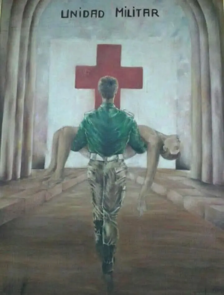 Pinntura de un sanitario cargando a un hereido. Autor es Victor de la brigada 13